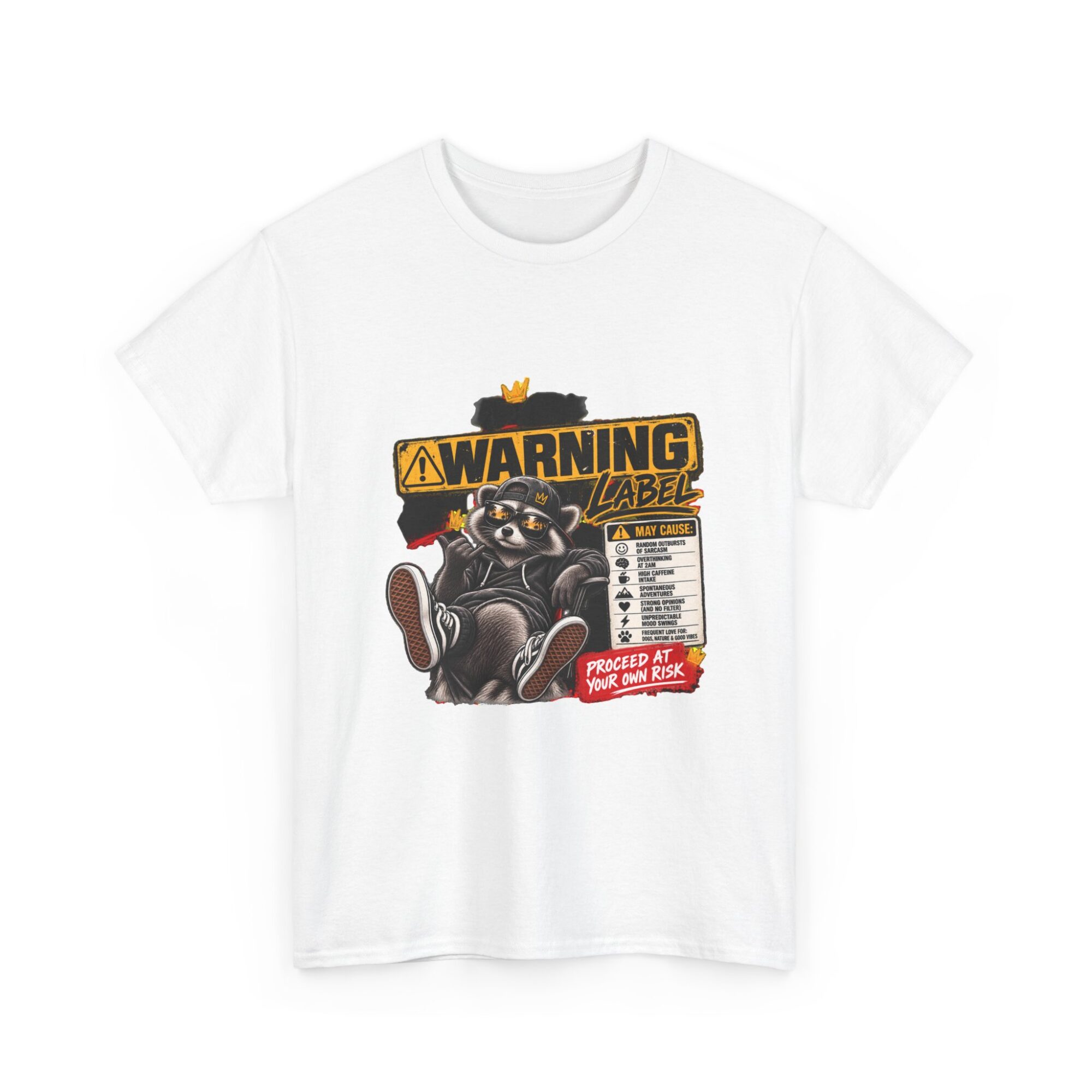 Funny Warning Label Raccoon Graphic Tee | Unisex Print-on-Demand T-Shirt 3 Funny Warning Label Raccoon Graphic Tee | Unisex Print-on-Demand T-Shirt