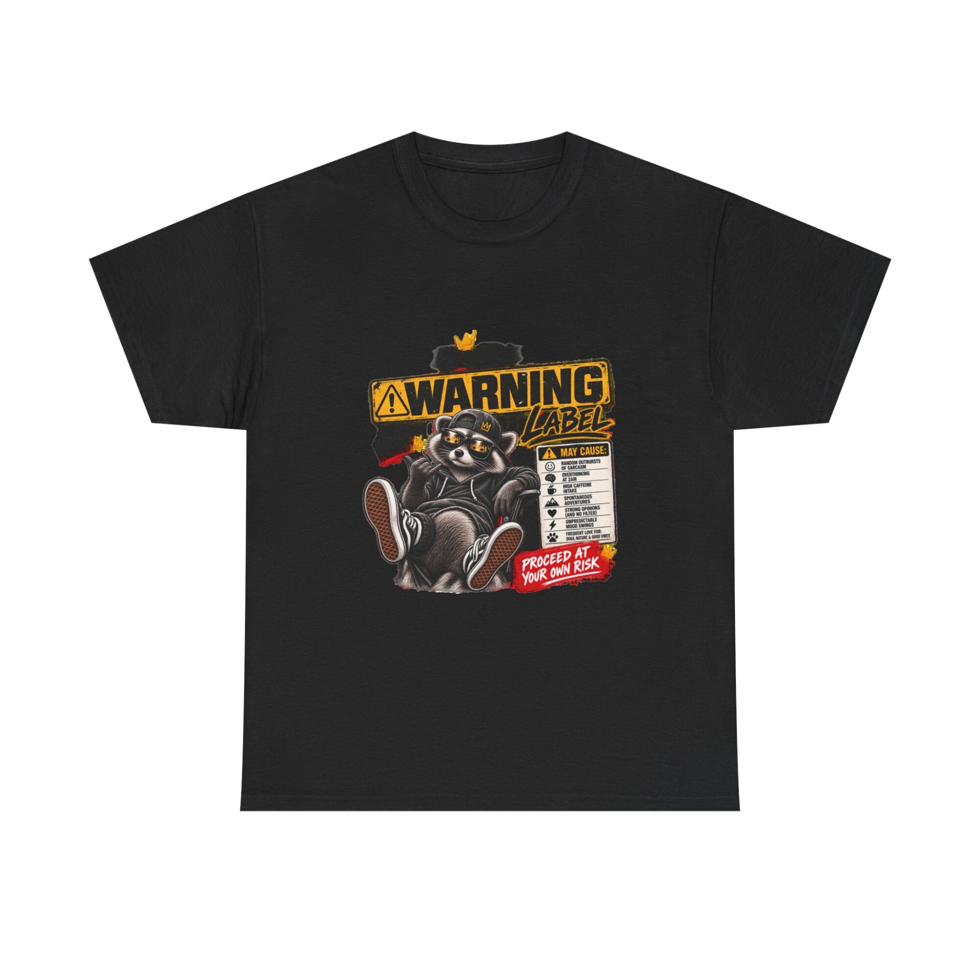 Funny Warning Label Raccoon Graphic Tee | Unisex Print-on-Demand T-Shirt 5 Funny Warning Label Raccoon Graphic Tee | Unisex Print-on-Demand T-Shirt
