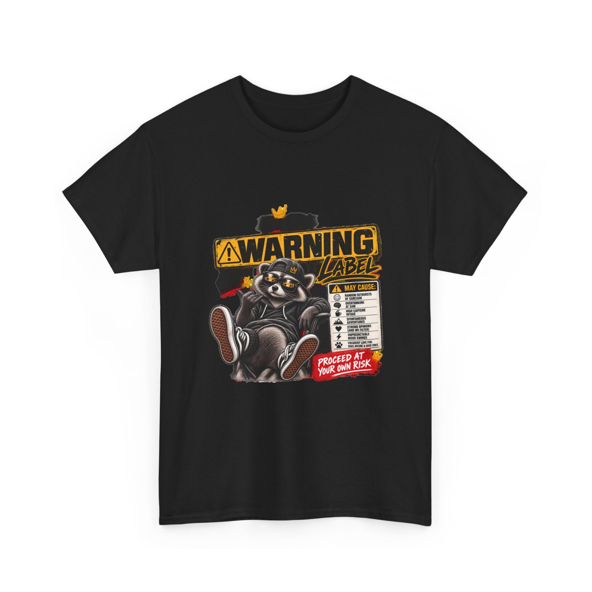 Funny Warning Label Raccoon Graphic Tee | Unisex Print-on-Demand T-Shirt 7 Funny Warning Label Raccoon Graphic Tee | Unisex Print-on-Demand T-Shirt