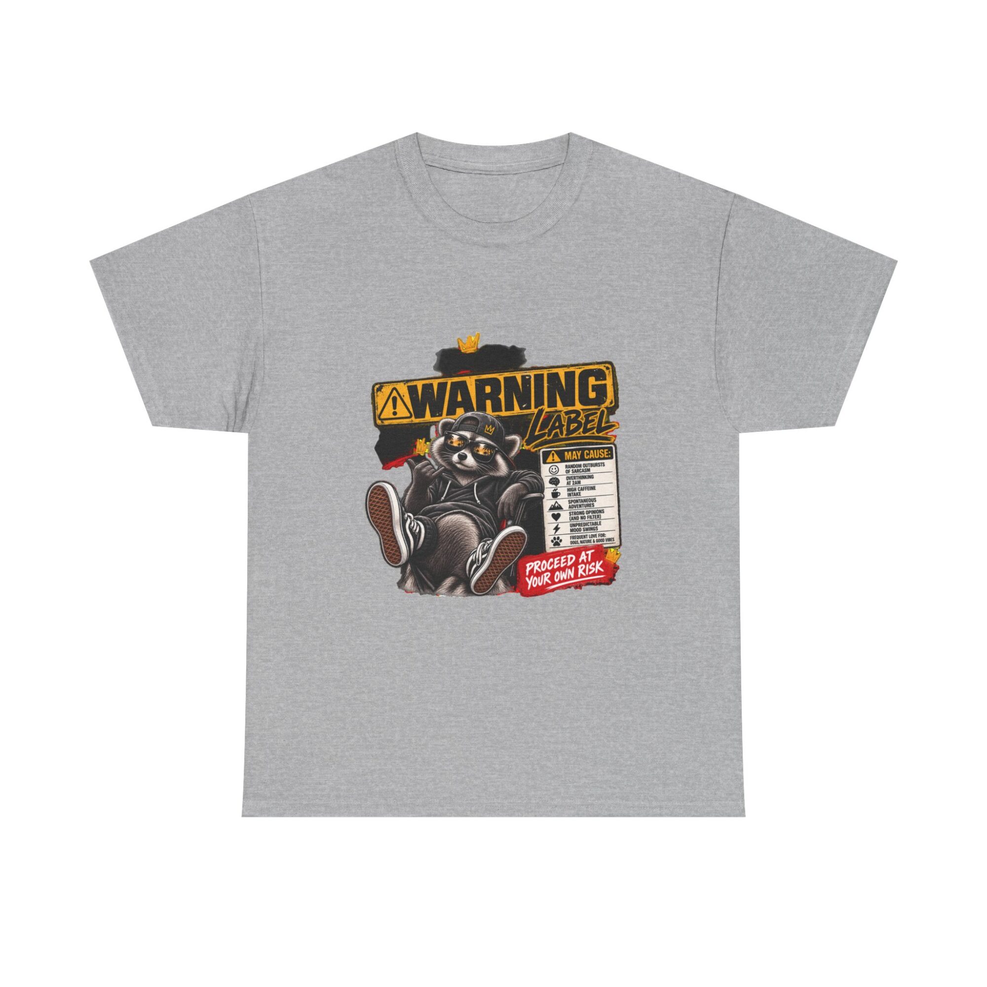 Funny Warning Label Raccoon Graphic Tee | Unisex Print-on-Demand T-Shirt 13 Funny Warning Label Raccoon Graphic Tee | Unisex Print-on-Demand T-Shirt