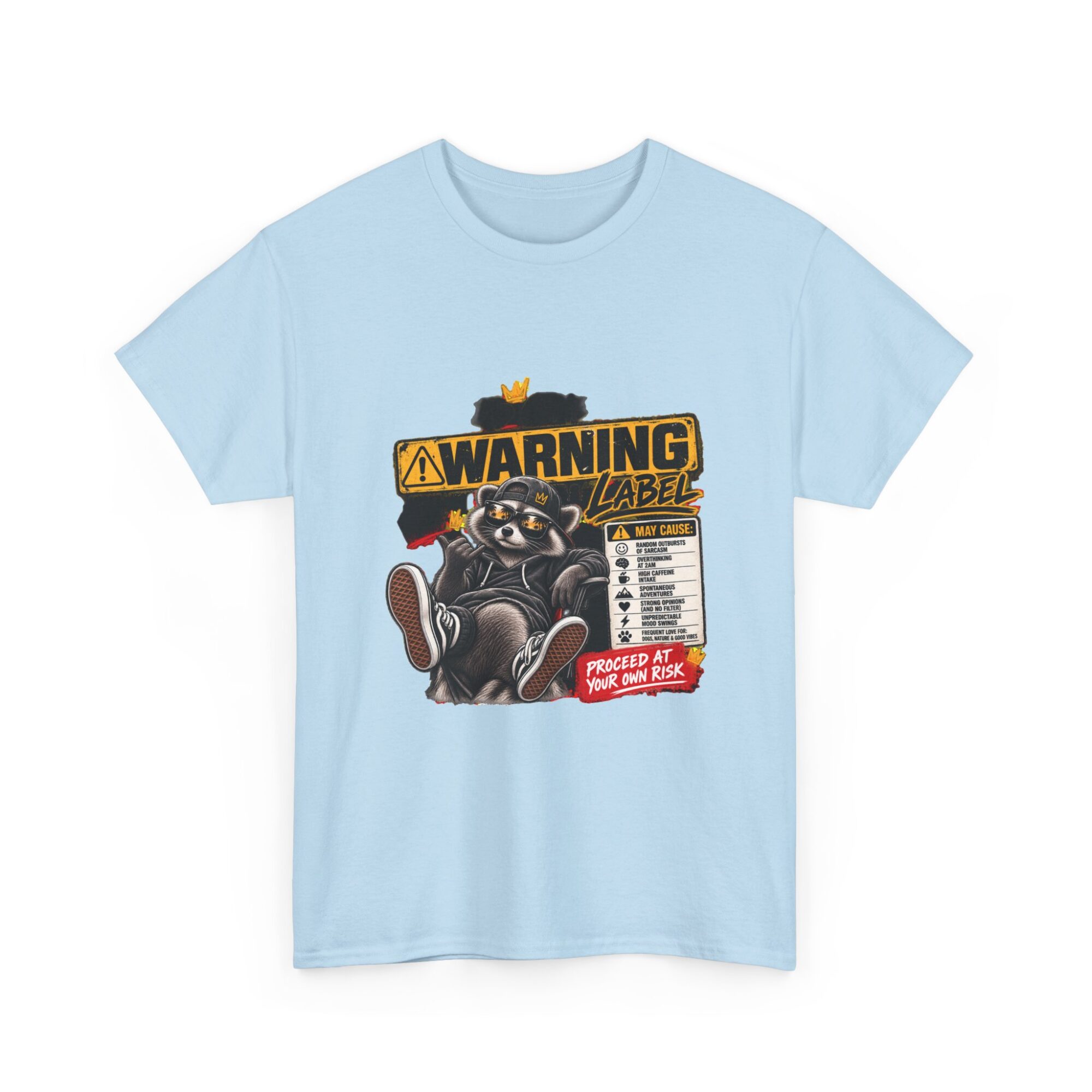 Funny Warning Label Raccoon Graphic Tee | Unisex Print-on-Demand T-Shirt 31 Funny Warning Label Raccoon Graphic Tee | Unisex Print-on-Demand T-Shirt